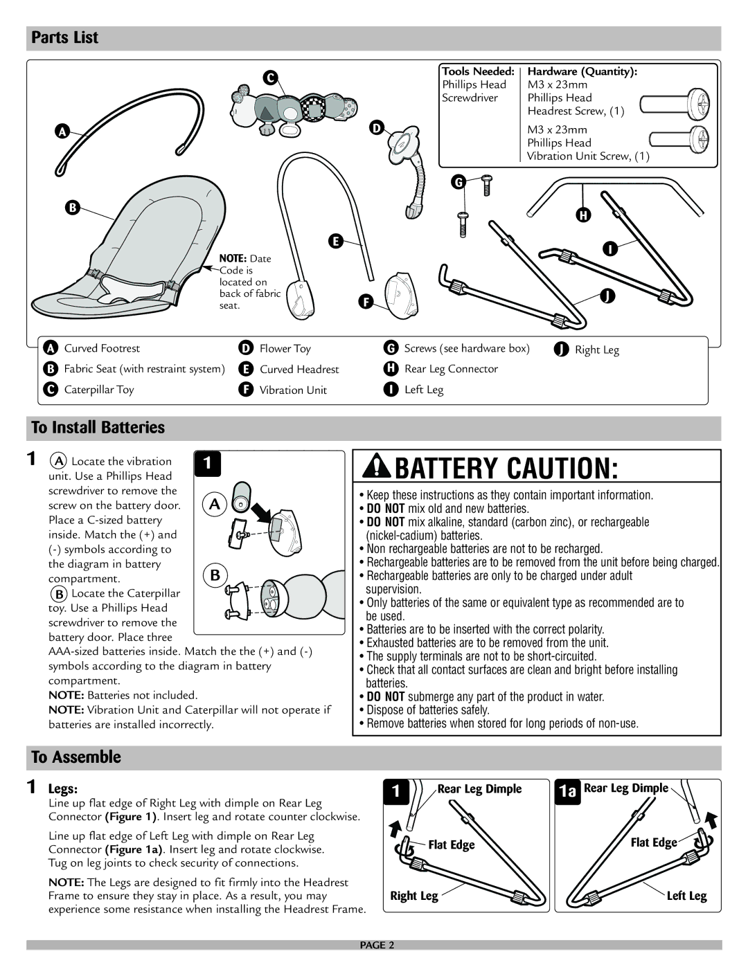 Safety 1st 25033, 25120 manual Battery Caution, Parts List, To Install Batteries, To Assemble, Legs 