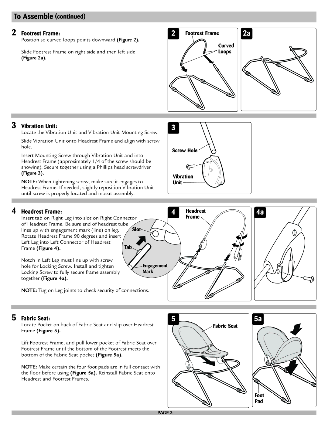 Safety 1st 25120, 25033 manual Footrest Frame, Vibration Unit, Headrest Frame, Fabric Seat 