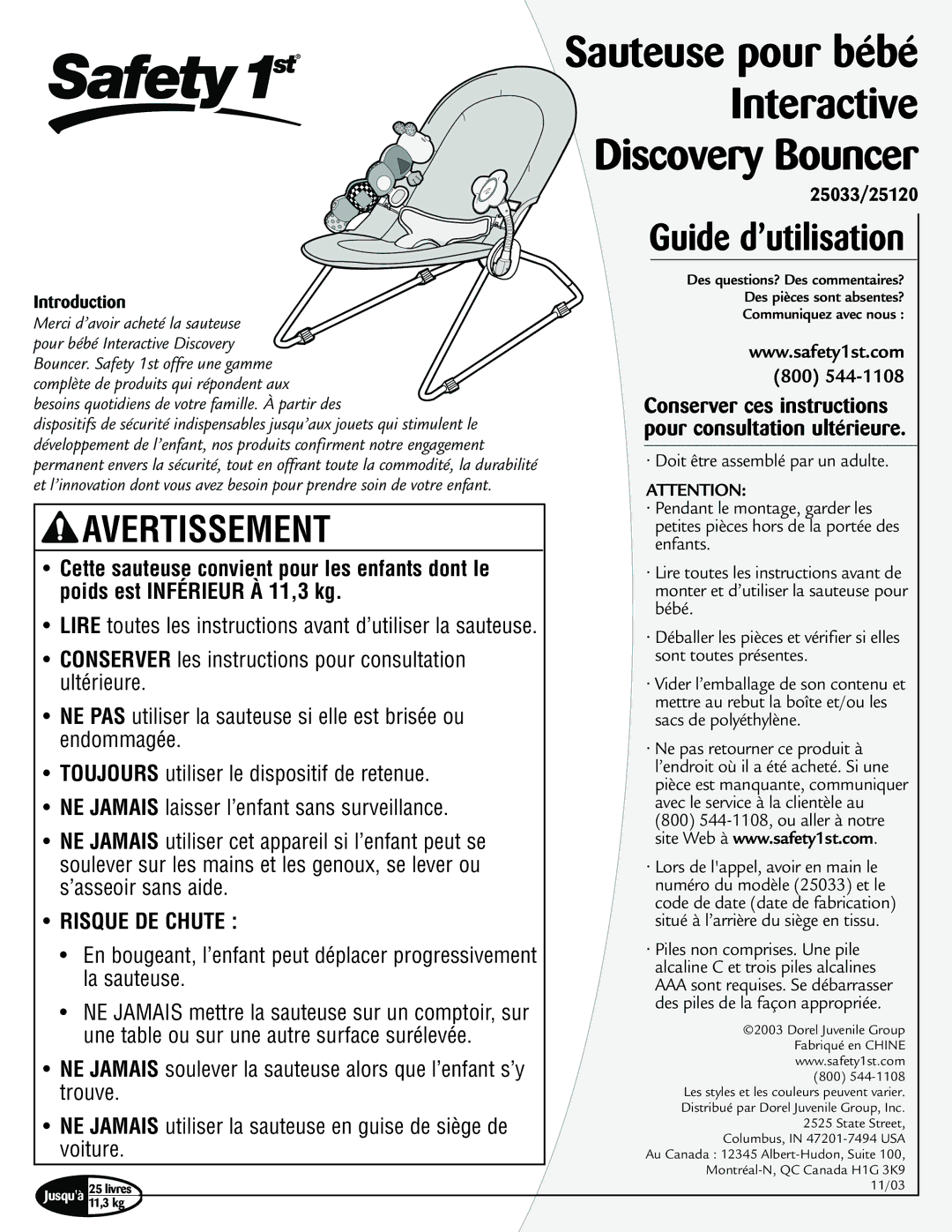 Safety 1st 25120, 25033 manual Avertissement, Risque DE Chute 