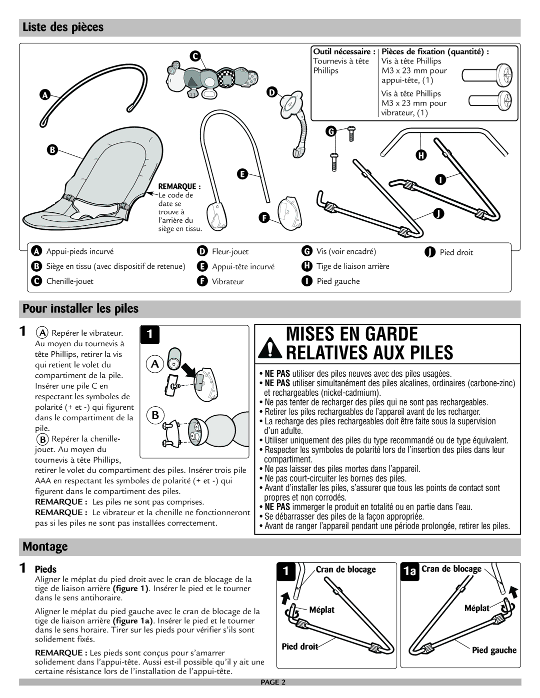 Safety 1st 25033, 25120 manual Liste des pièces, Pour installer les piles, Montage, Pieds 