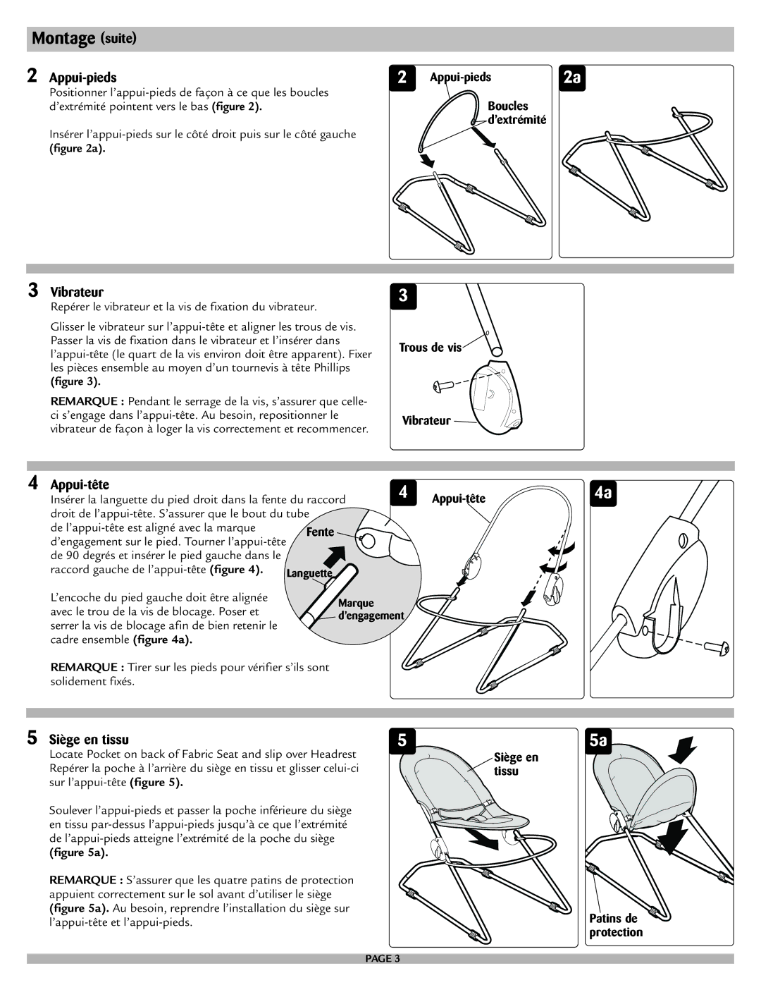 Safety 1st 25120, 25033 manual Montage suite, Appui-pieds, Vibrateur, Appui-tête, Siège en tissu 