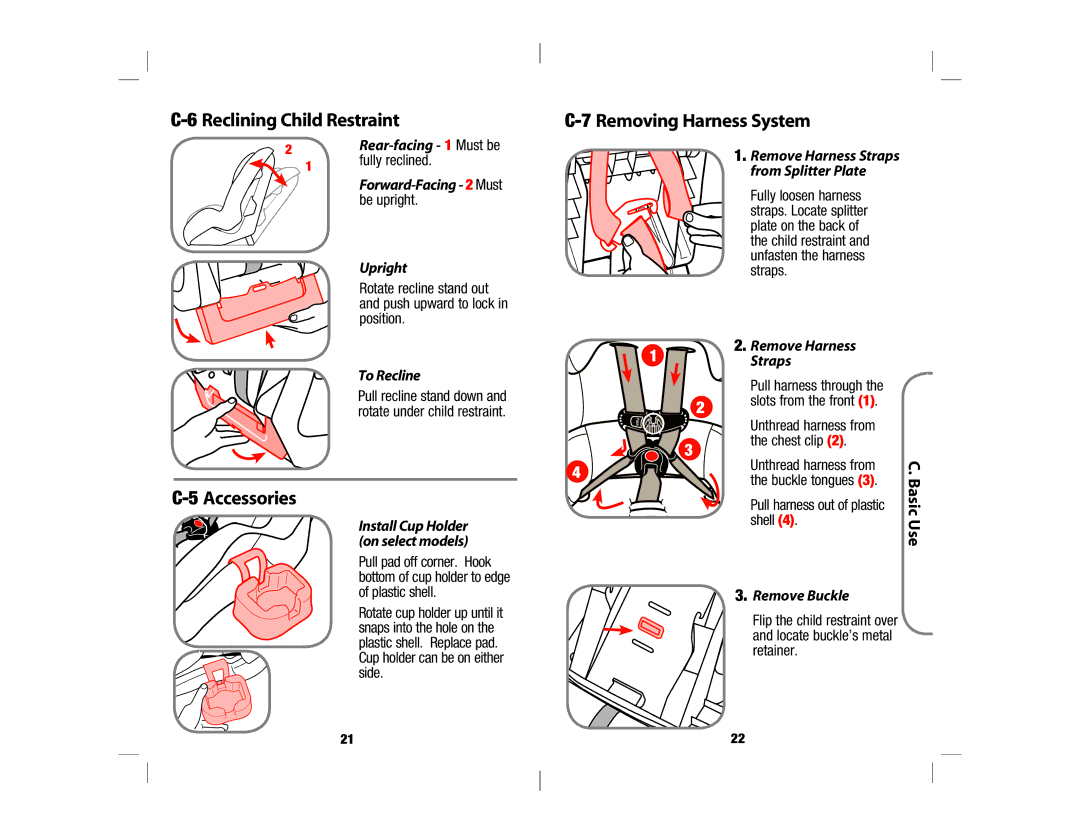 Safety 1st 4358-5721 manual Reclining Child Restraint, Removing Harness System, Accessories 