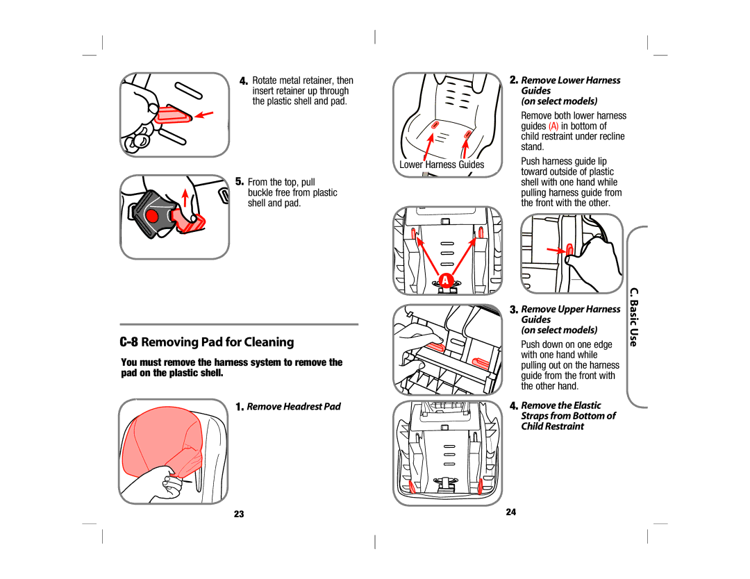 Safety 1st 4358-5721 manual Removing Pad for Cleaning, Guides, With one hand while, Other hand Remove the Elastic 