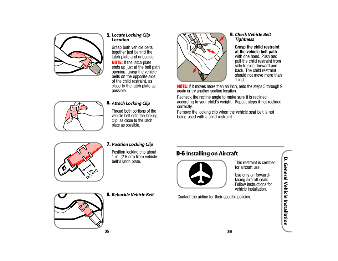 Safety 1st 4358-5721 Installing on Aircraft, Locate Locking Clip Location, Attach Locking Clip, Position Locking Clip 