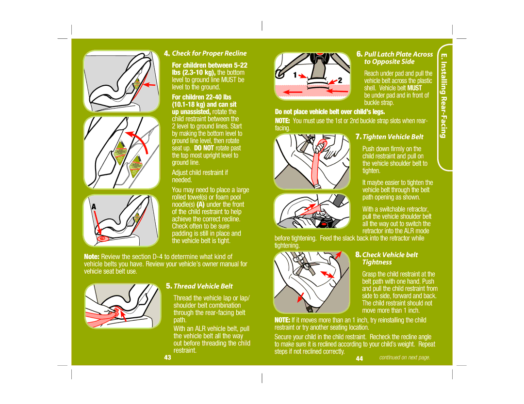 Safety 1st 4358-5721 manual To Opposite Side, Tighten Vehicle Belt, Thread Vehicle Belt, Check Vehicle belt Tightness 