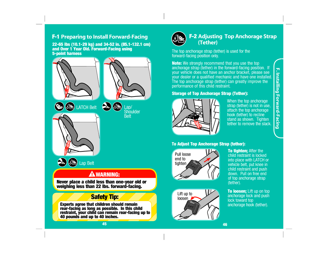 Safety 1st 4358-5721 manual Preparing to Install Forward-Facing, Adjusting Top Anchorage Strap Tether 