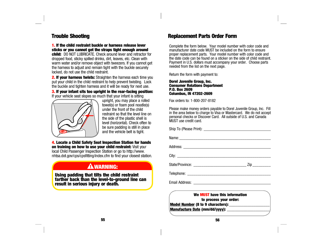 Safety 1st 4358-5721 manual Trouble Shooting, Replacement Parts Order Form 