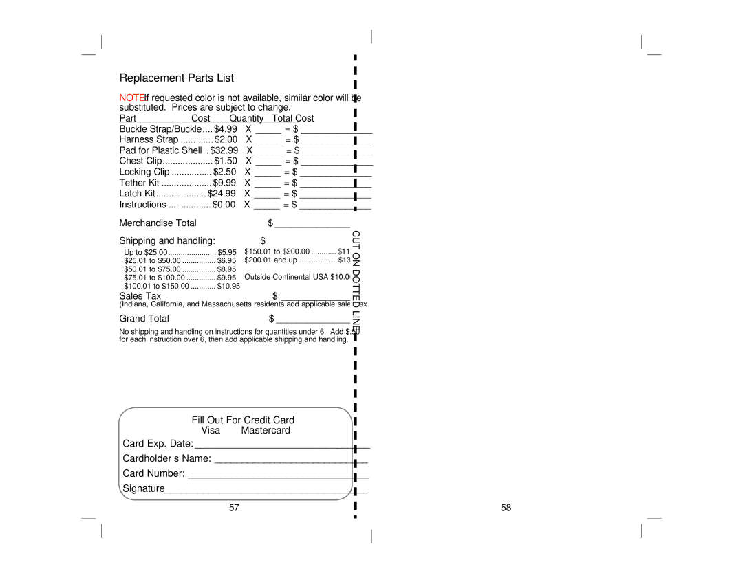 Safety 1st 4358-5721 manual Replacement Parts List, Part Cost 