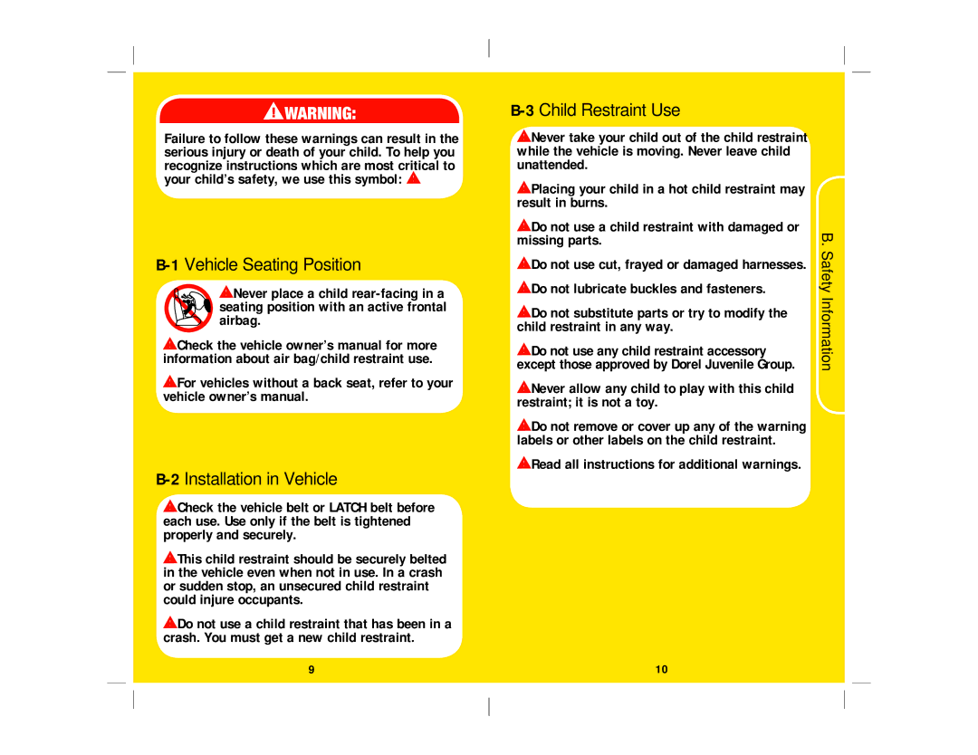 Safety 1st 4358-5721 manual Vehicle Seating Position, Installation in Vehicle, Child Restraint Use, Safety Information 