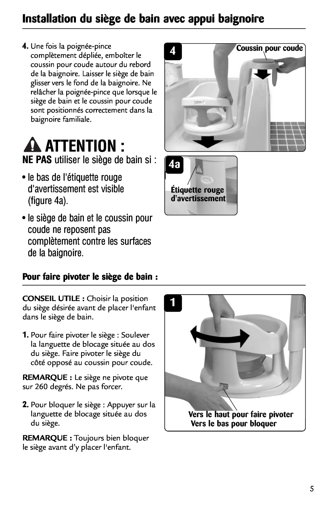 Safety 1st 44301A manual Installation du siège de bain avec appui baignoire, NE PAS utiliser le siège de bain si 