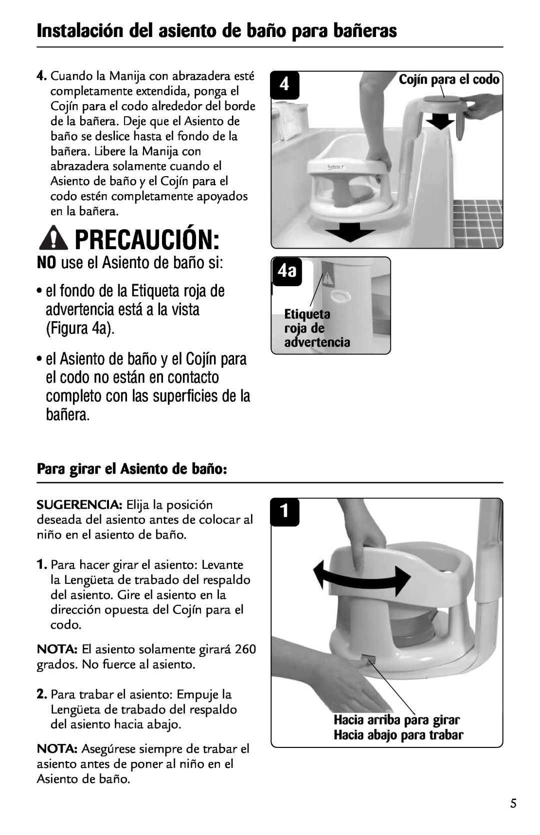 Safety 1st 44301A manual Precaución, Instalación del asiento de baño para bañeras, Para girar el Asiento de baño 