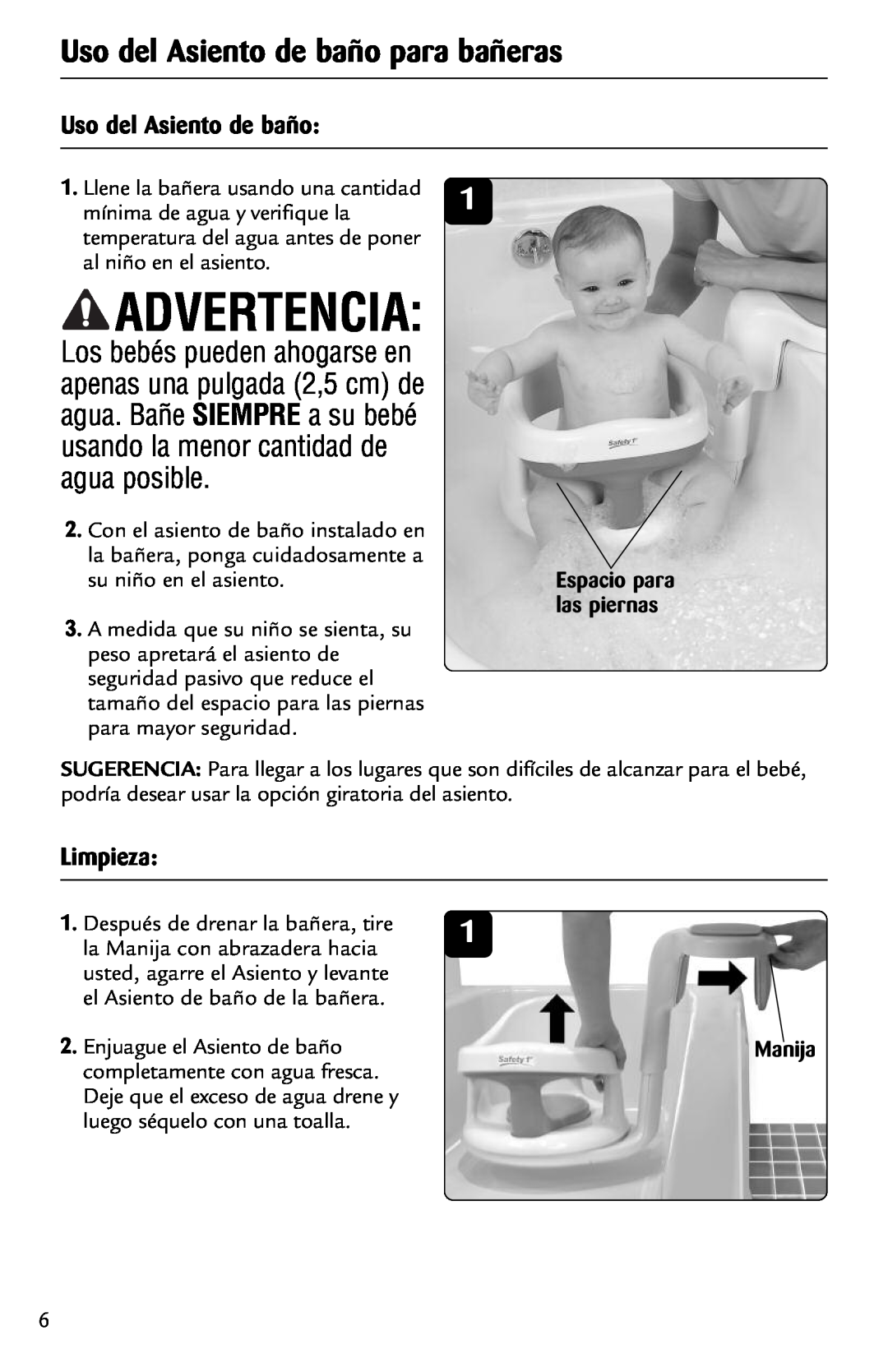Safety 1st 44301A manual Advertencia, Uso del Asiento de baño para bañeras, Limpieza, Manija 