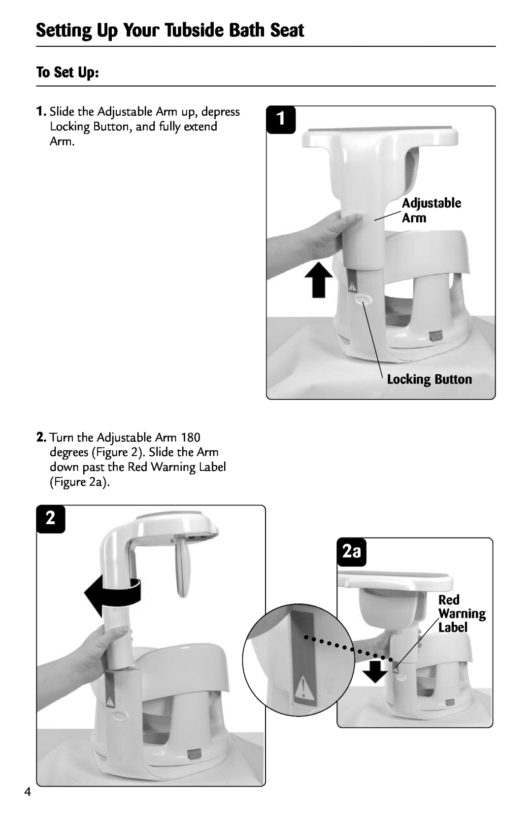 Safety 1st 44301A manual Setting Up Your Tubside Bath Seat, To Set Up, Adjustable Arm, Locking Button, Label 