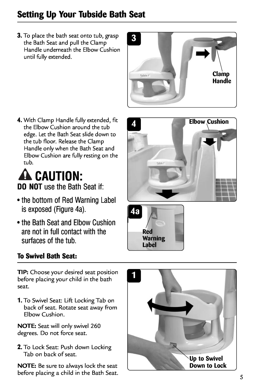 Safety 1st 44301A Setting Up Your Tubside Bath Seat, the bottom of Red Warning Label is exposed a, To Swivel Bath Seat 