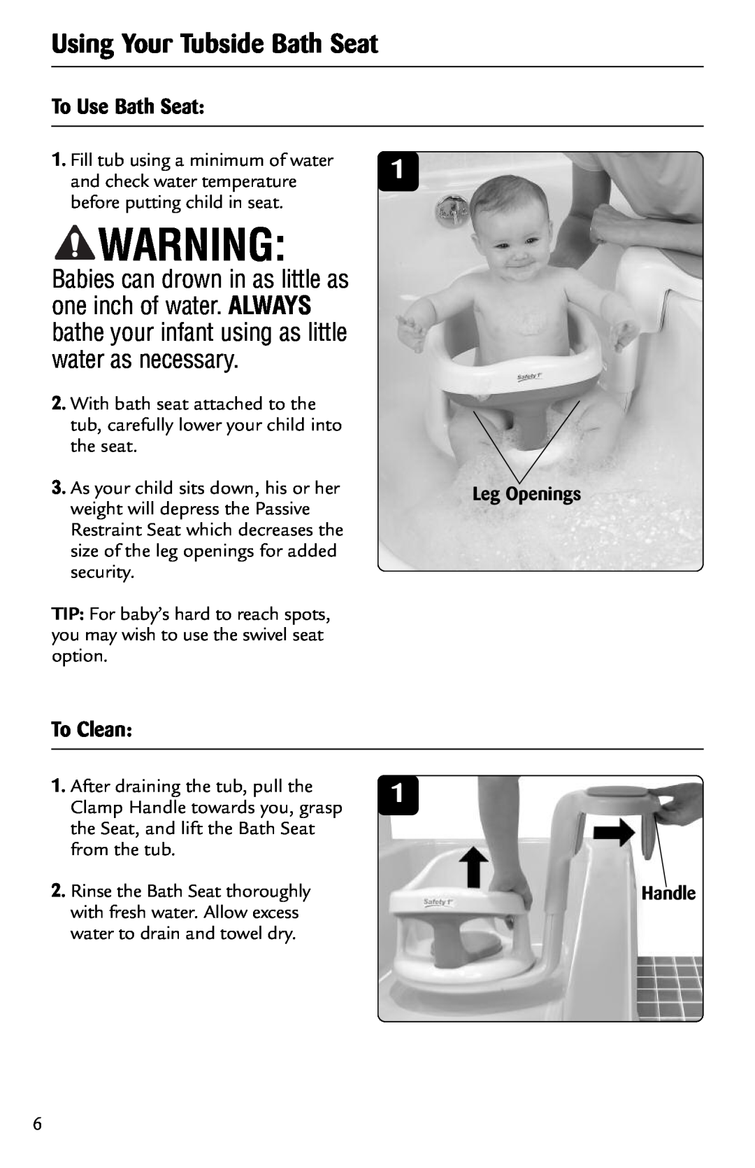 Safety 1st 44301A Using Your Tubside Bath Seat, one inch of water. ALWAYS, bathe your infant using as little, To Clean 