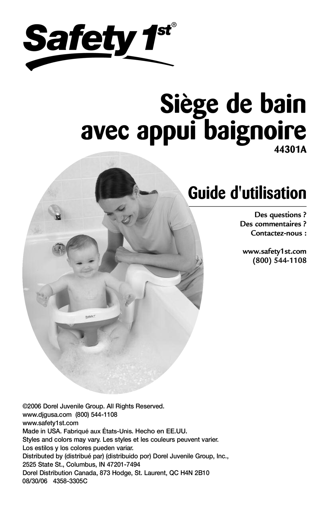 Safety 1st 44301A manual Siège de bain avec appui baignoire, Guide dutilisation 