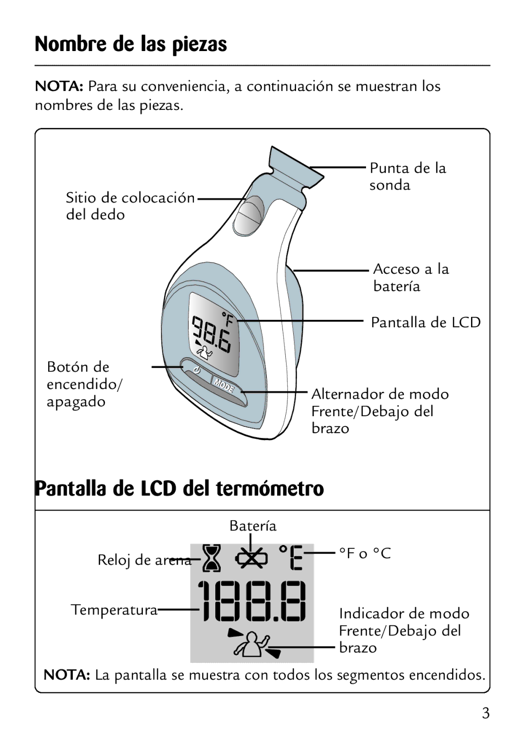 Safety 1st 49529 manual Nombre de las piezas, Pantalla de LCD del termómetro 