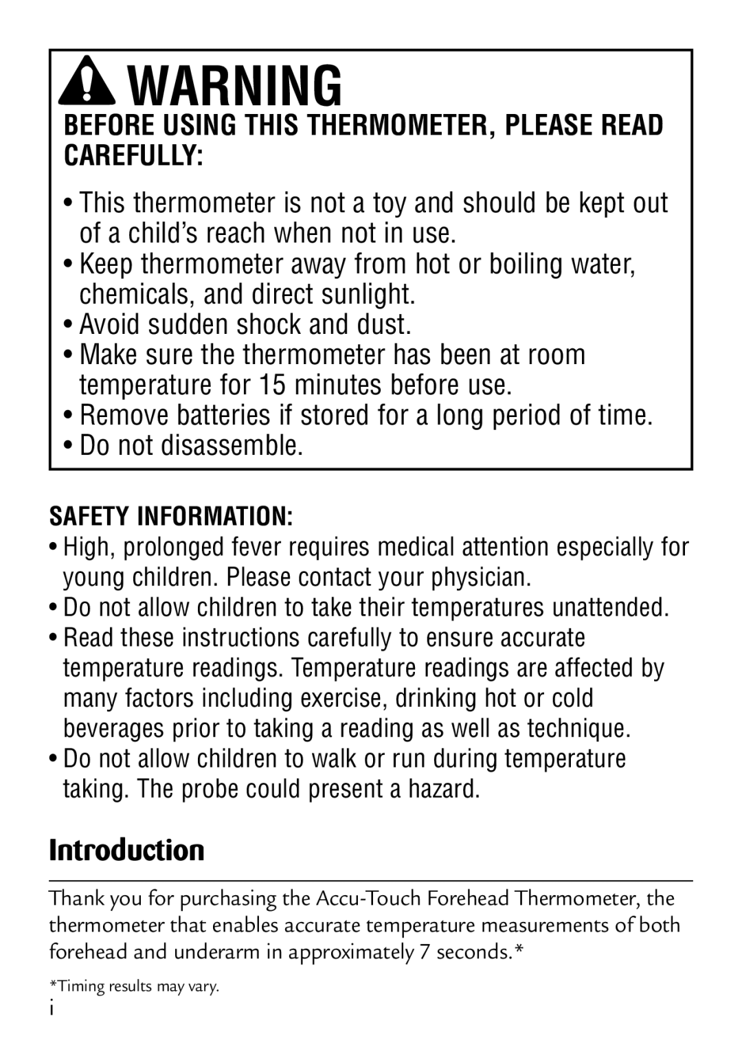 Safety 1st 49529 manual Introduction, Before Using this THERMOMETER, Please Read Carefully 