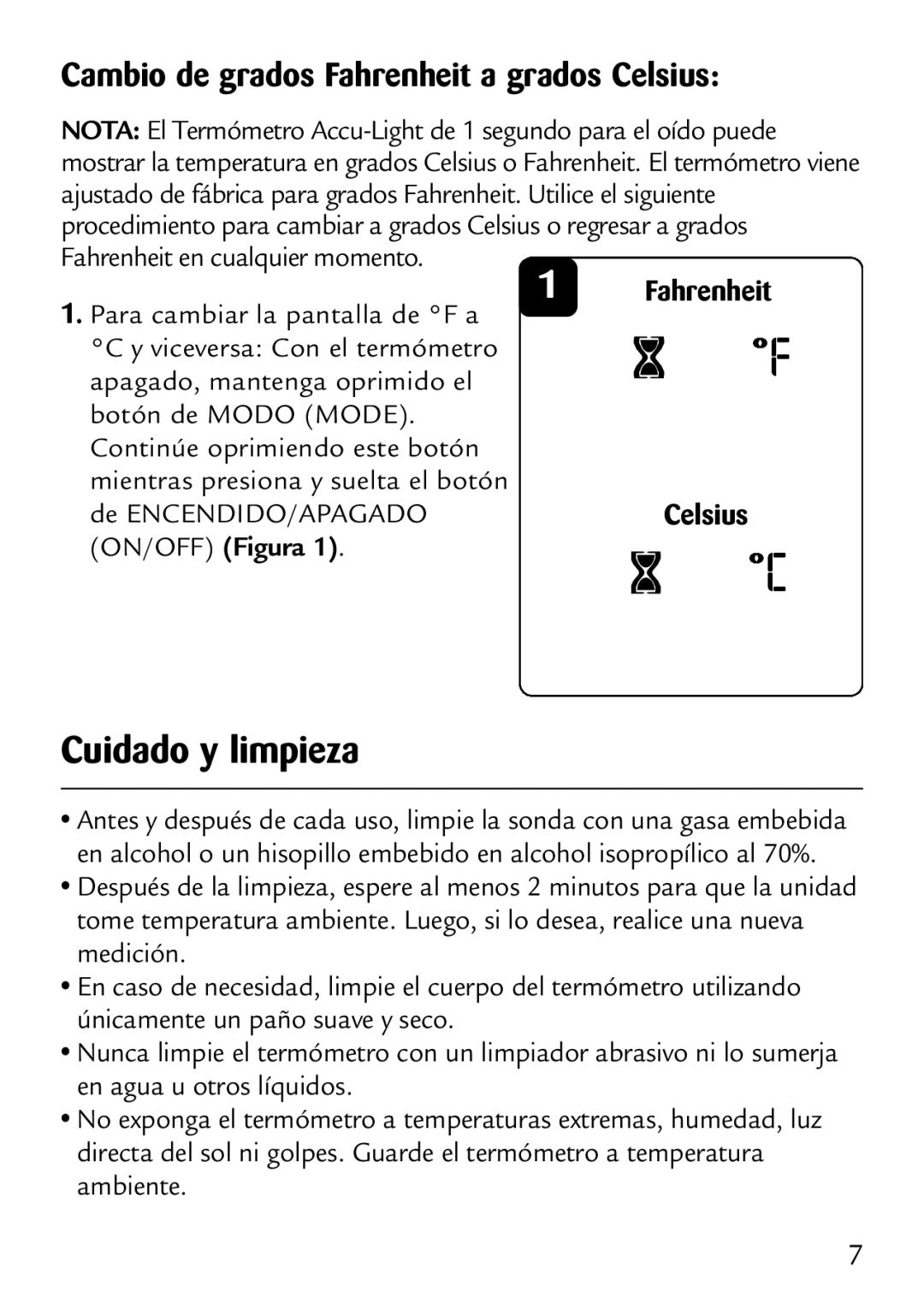 Safety 1st 49529 manual Cuidado y limpieza, Cambio de grados Fahrenheit a grados Celsius 