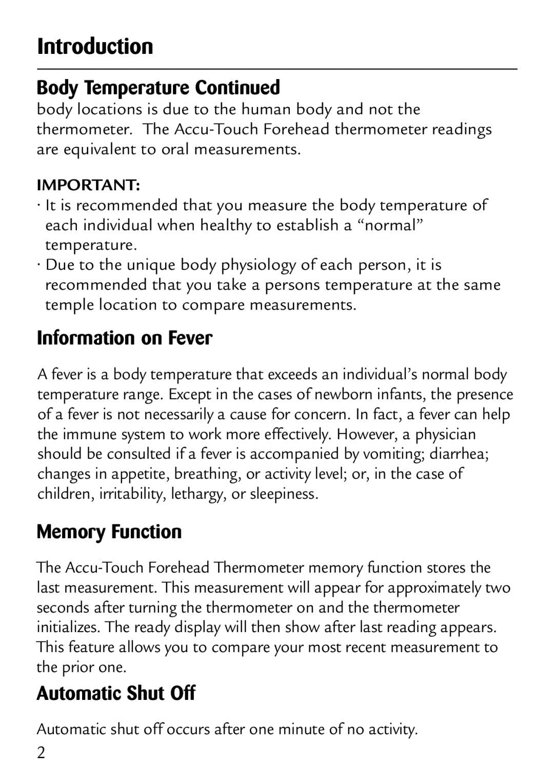 Safety 1st 49529 manual Information on Fever, Memory Function, Automatic Shut Off 