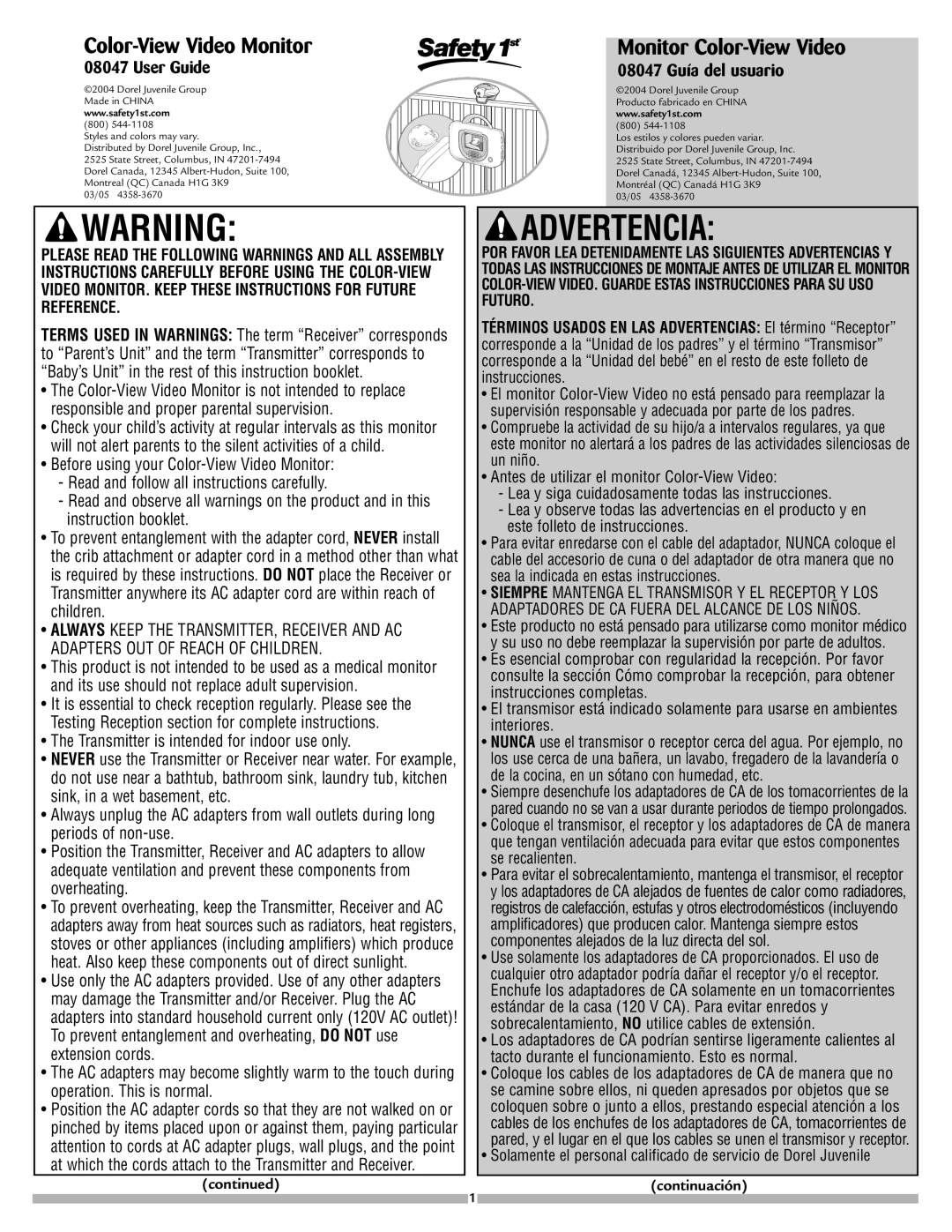 Safety 1st manual Advertencia, User Guide, 08047 Guía del usuario 