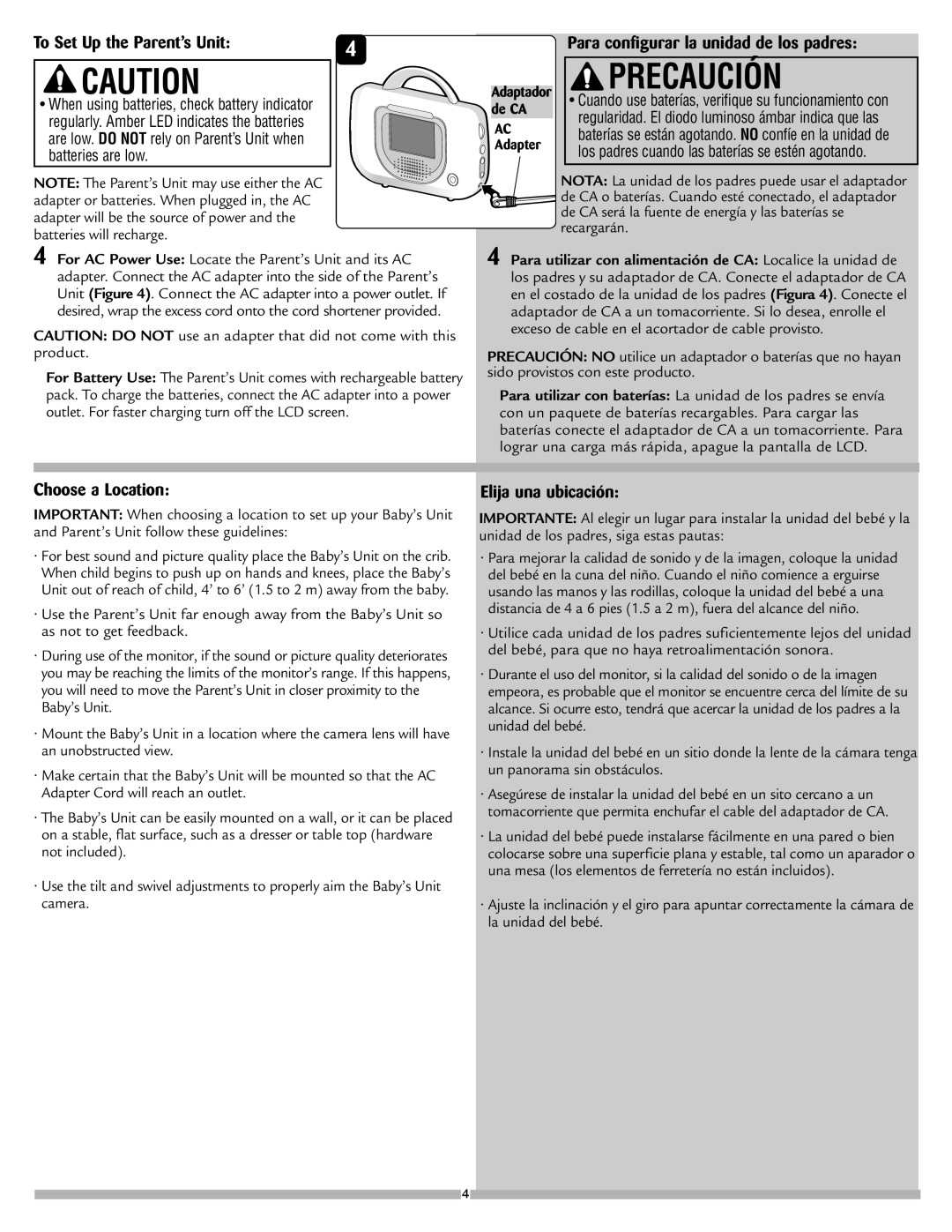 Safety 1st 8047 manual To Set Up the Parent’s Unit, Para configurar la unidad de los padres, Choose a Location 