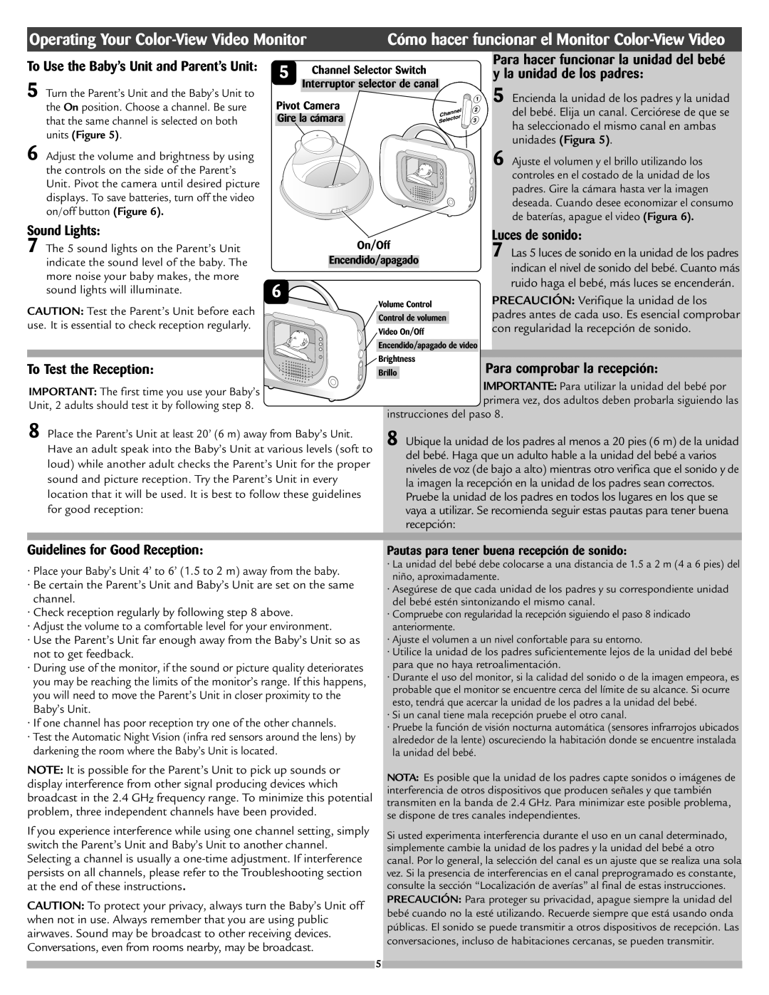 Safety 1st 8047 manual Operating Your Color-View Video Monitor, Cómo hacer funcionar el Monitor Color-View Video 