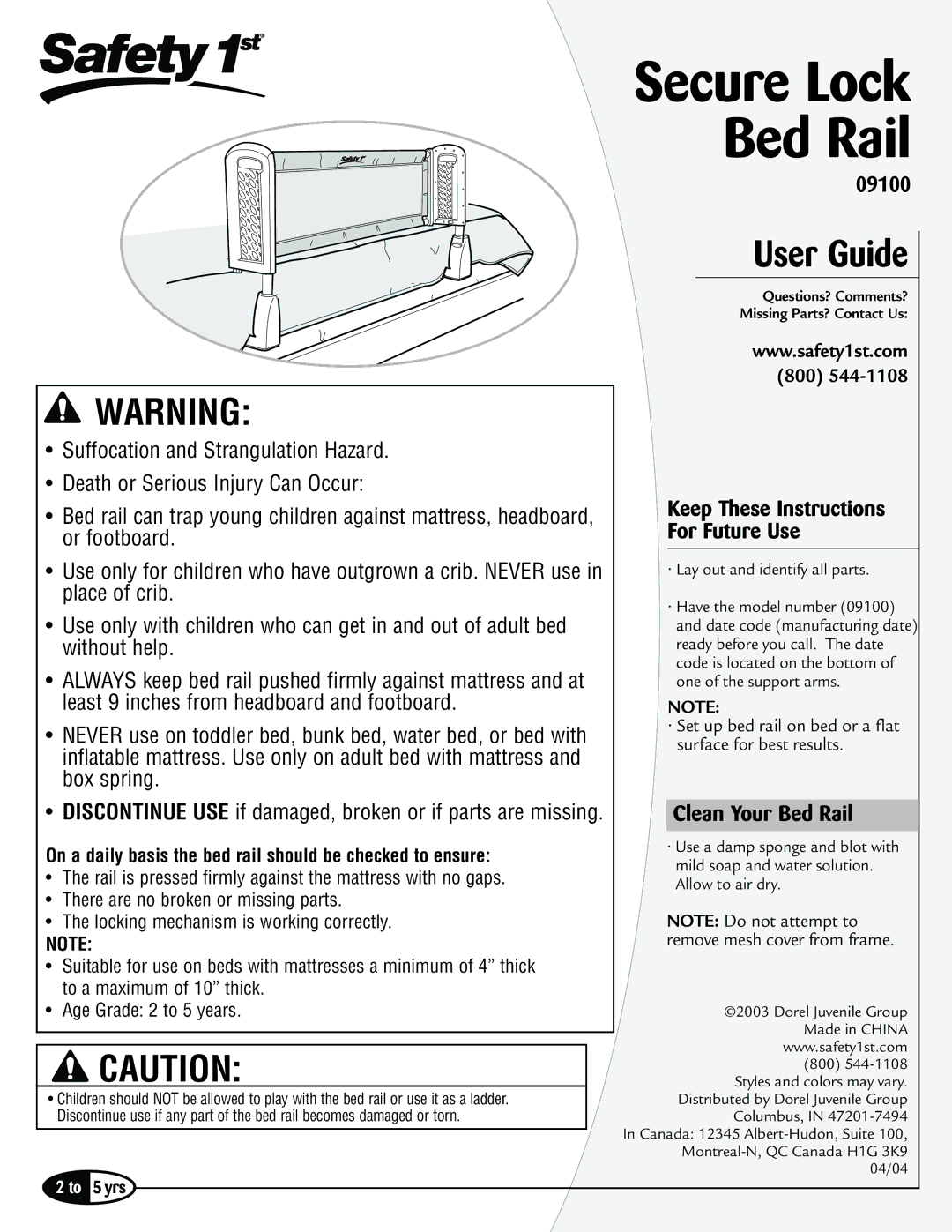 Safety 1st manual 09100, Keep These Instructions For Future Use, Clean Your Bed Rail 