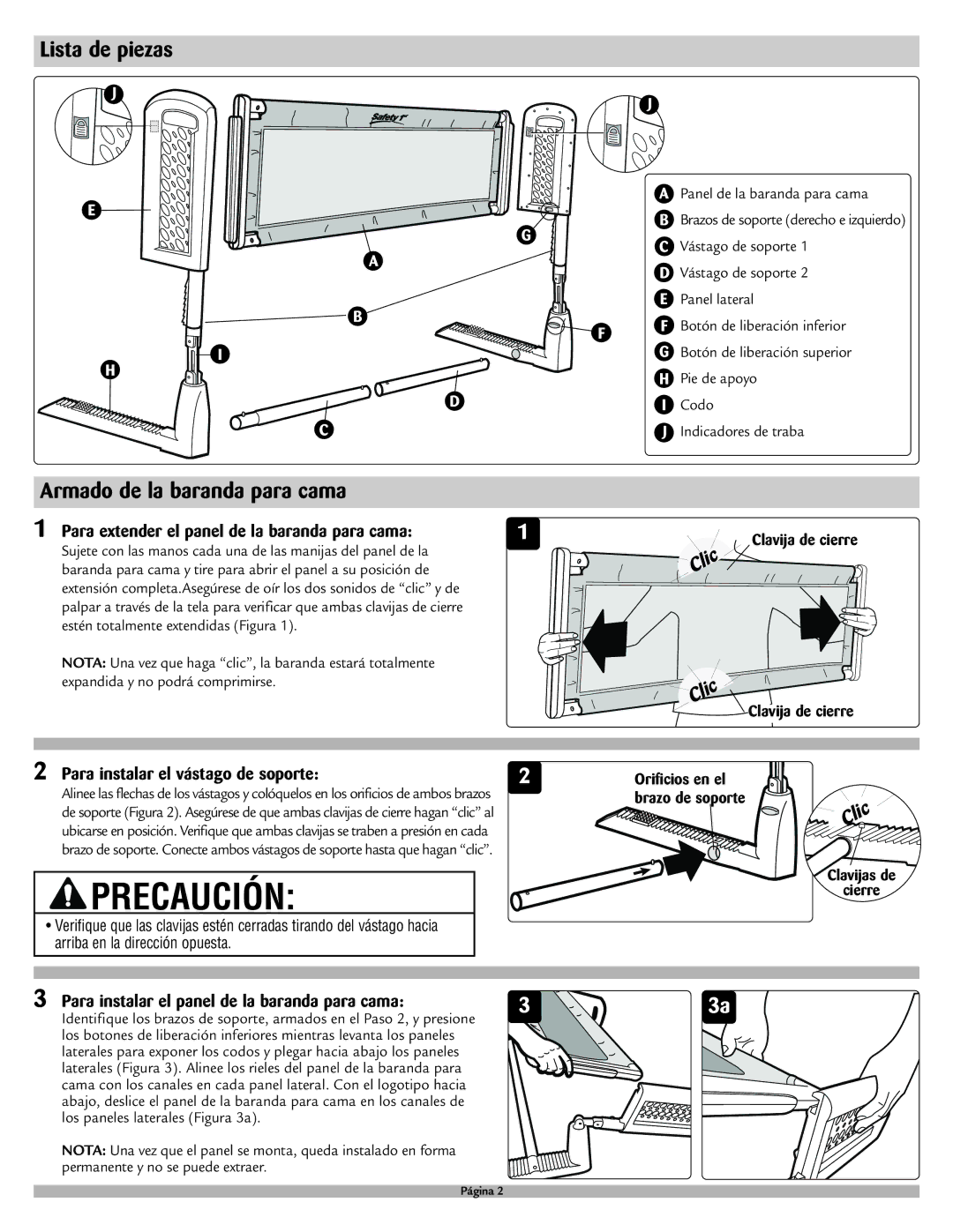 Safety 1st 9100 manual Lista de piezas, Armado de la baranda para cama, Para extender el panel de la baranda para cama 