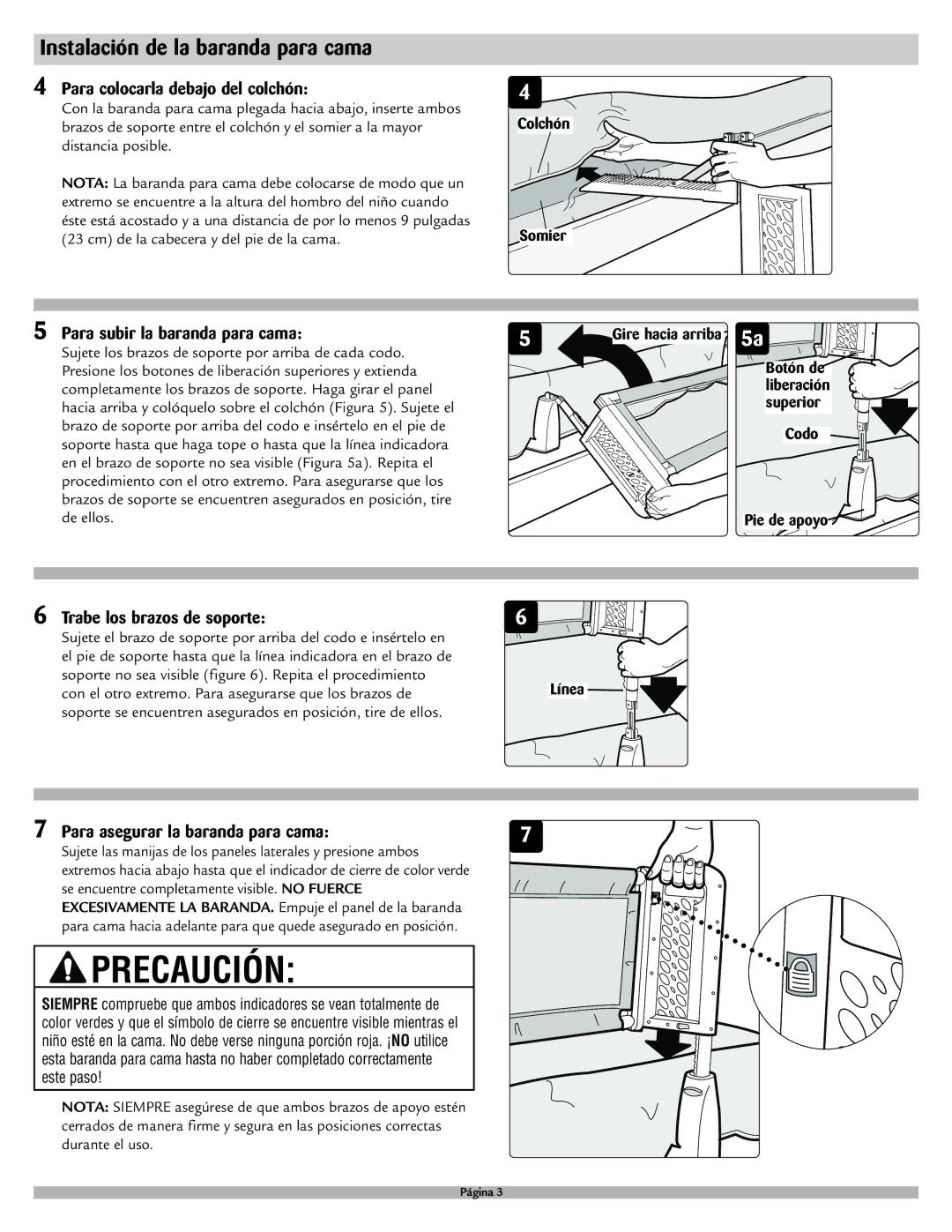 Safety 1st 9100 Instalación de la baranda para cama, Para colocarla debajo del colchón, Para subir la baranda para cama 