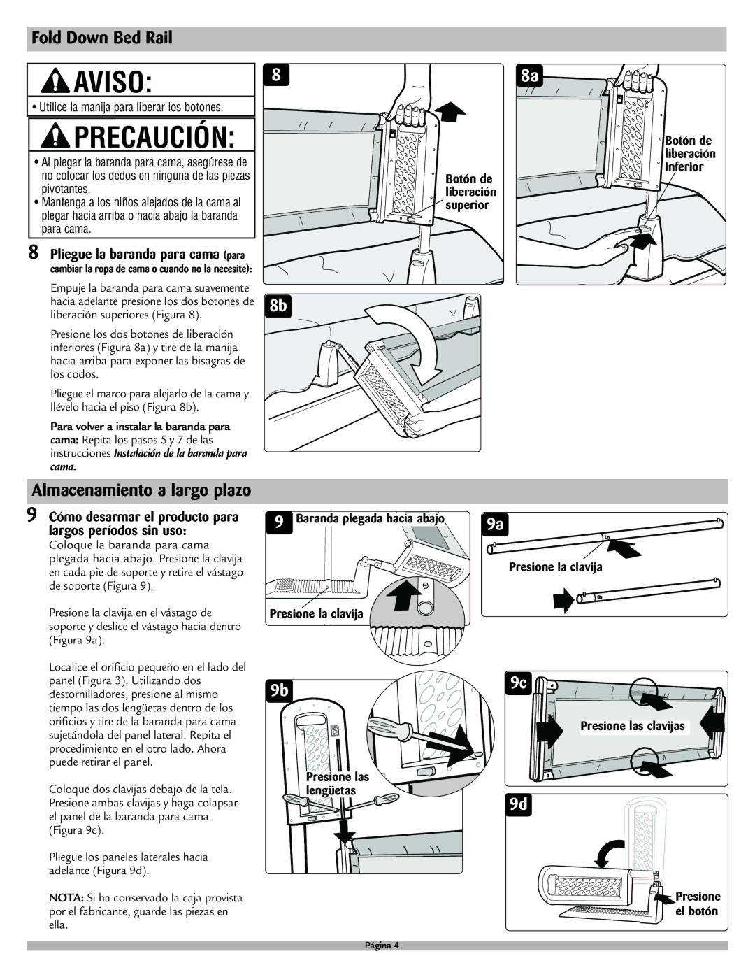 Safety 1st 9100 manual Pliegue la baranda para cama para, Cómo desarmar el producto para largos períodos sin uso 