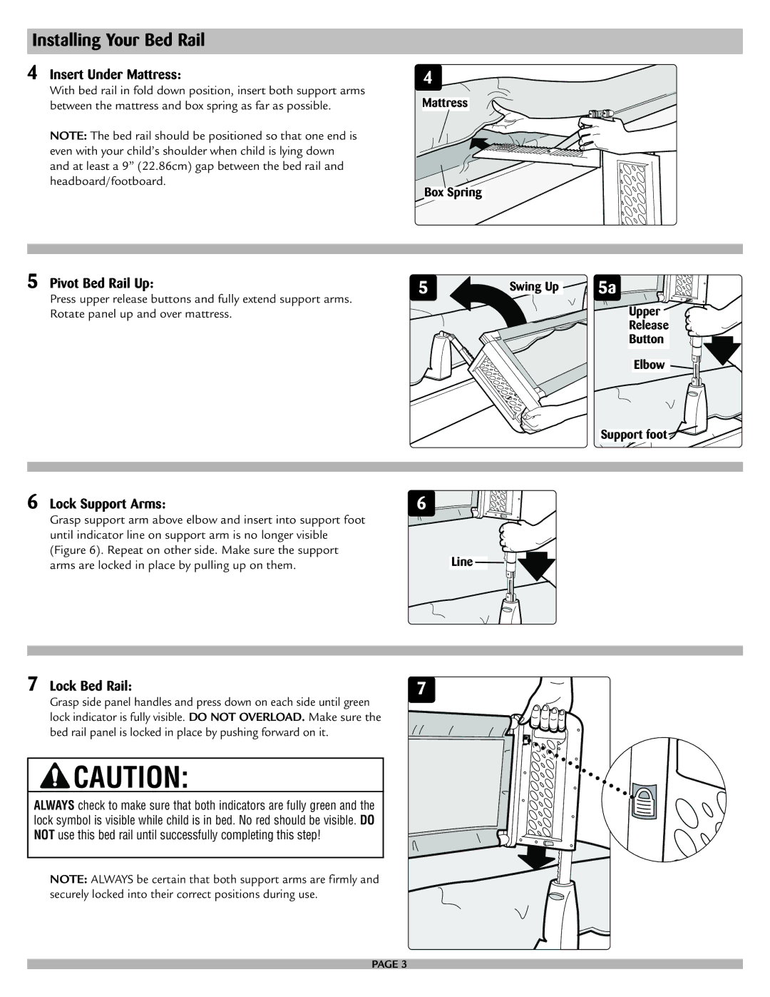 Safety 1st 9100 manual Installing Your Bed Rail, Insert Under Mattress, Pivot Bed Rail Up, Lock Support Arms, Lock Bed Rail 