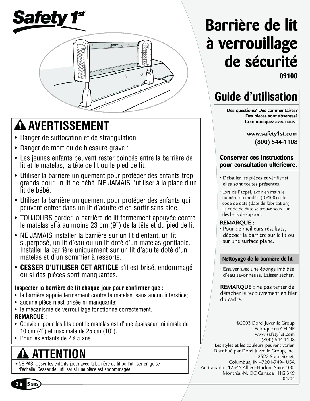 Safety 1st 9100 manual 5 ans, Conserver ces instructions pour consultation ultérieure, Nettoyage de la barrière de lit 