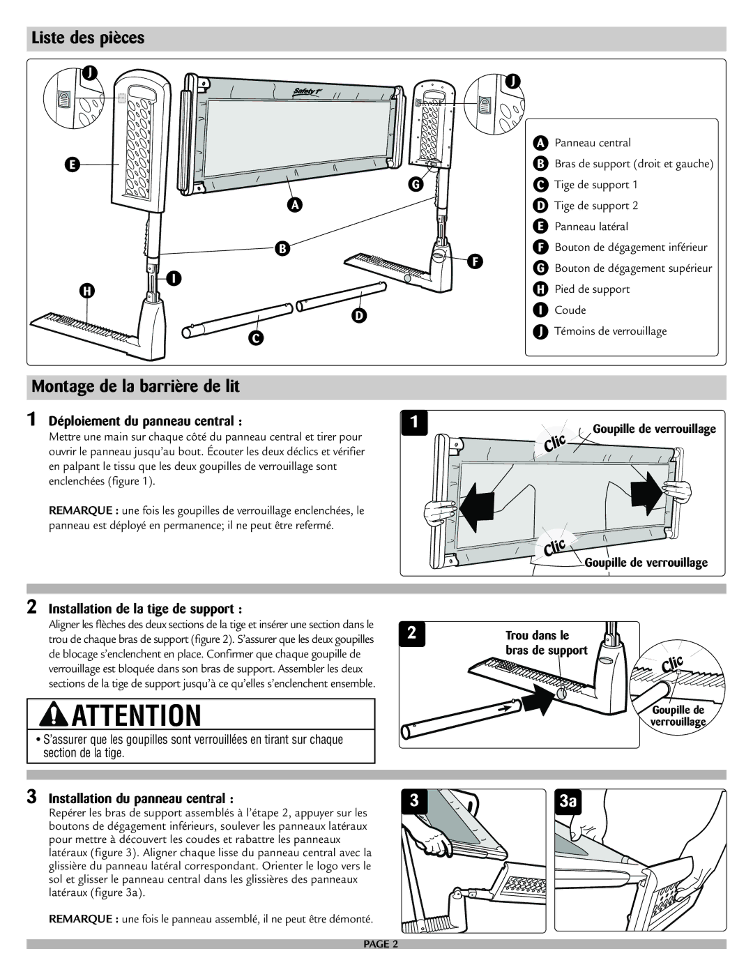 Safety 1st 9100 manual Liste des pièces, Montage de la barrière de lit, Clic 