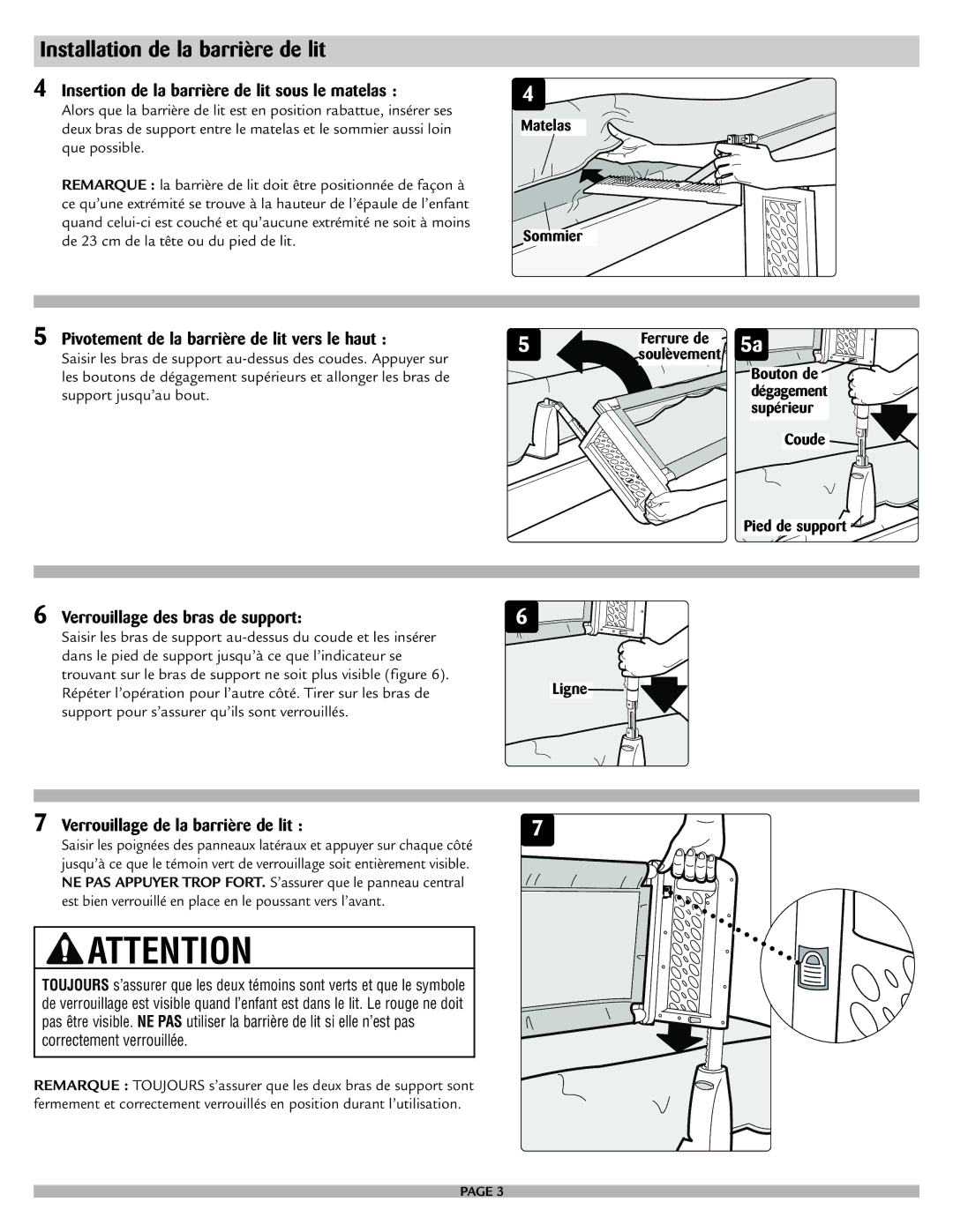 Safety 1st 9100 manual Installation de la barrière de lit, Insertion de la barrière de lit sous le matelas 