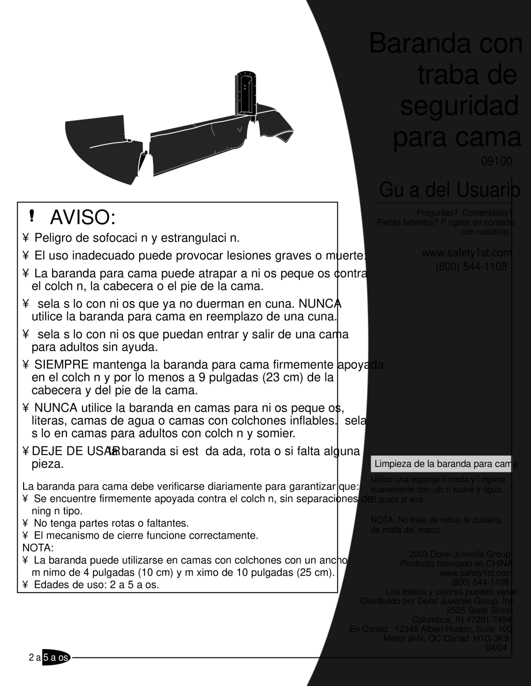 Safety 1st 9100 manual Guarde estas instrucciones para su uso futuro, 5 años, Limpieza de la baranda para cama 