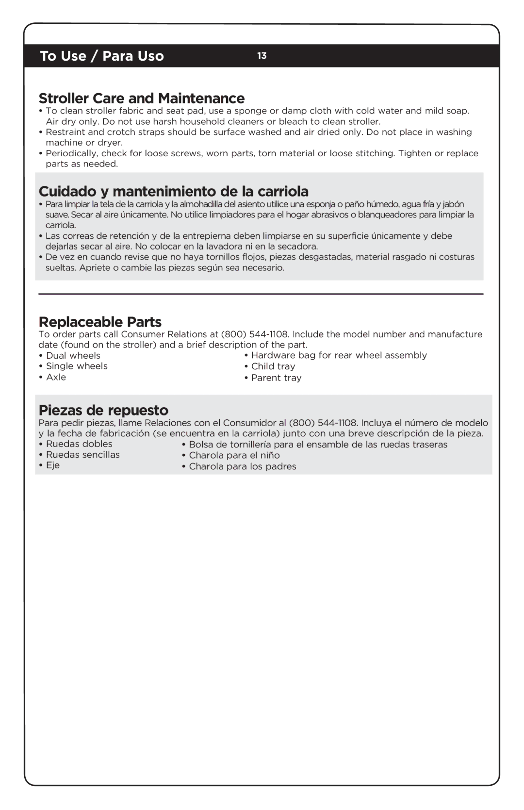 Safety 1st CV204AUM manual Stroller Care and Maintenance, Cuidado y mantenimiento de la carriola, Replaceable Parts 