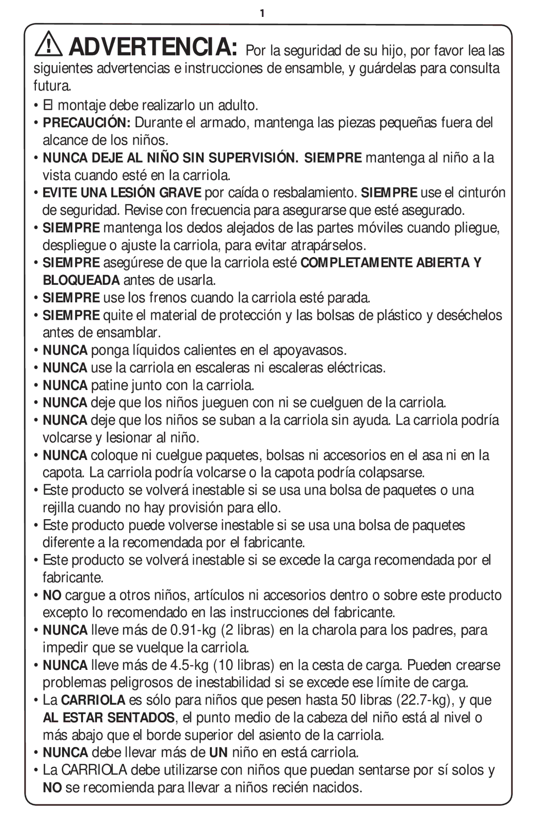 Safety 1st CV204AUM manual Nunca debe llevar más de UN niño en está carriola 