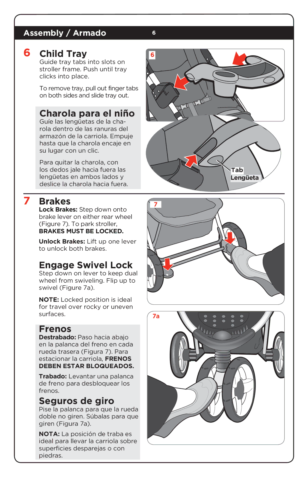 Safety 1st CV204AUM manual Child Tray, Charola para el niño, Brakes, Engage Swivel Lock, Frenos, Seguros de giro 