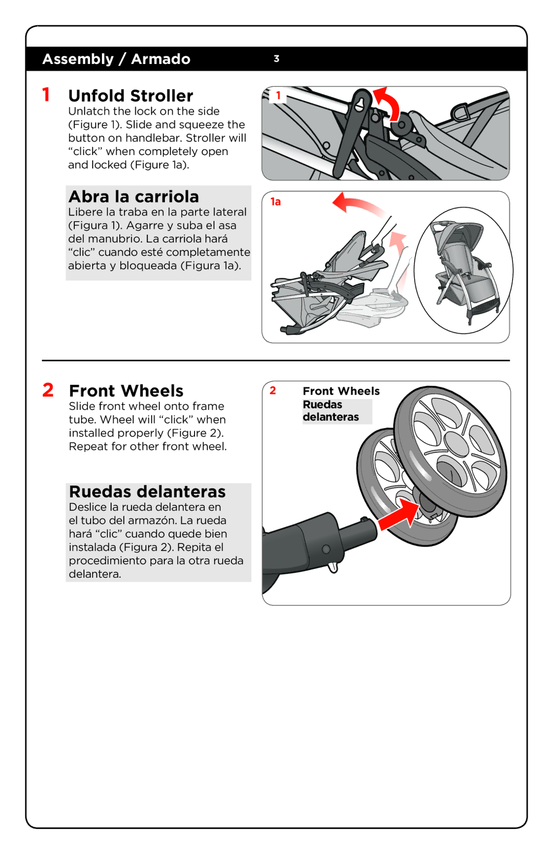 Safety 1st TR233BKL manual Unfold Stroller, Abra la carriola, Front Wheels, Ruedas delanteras 