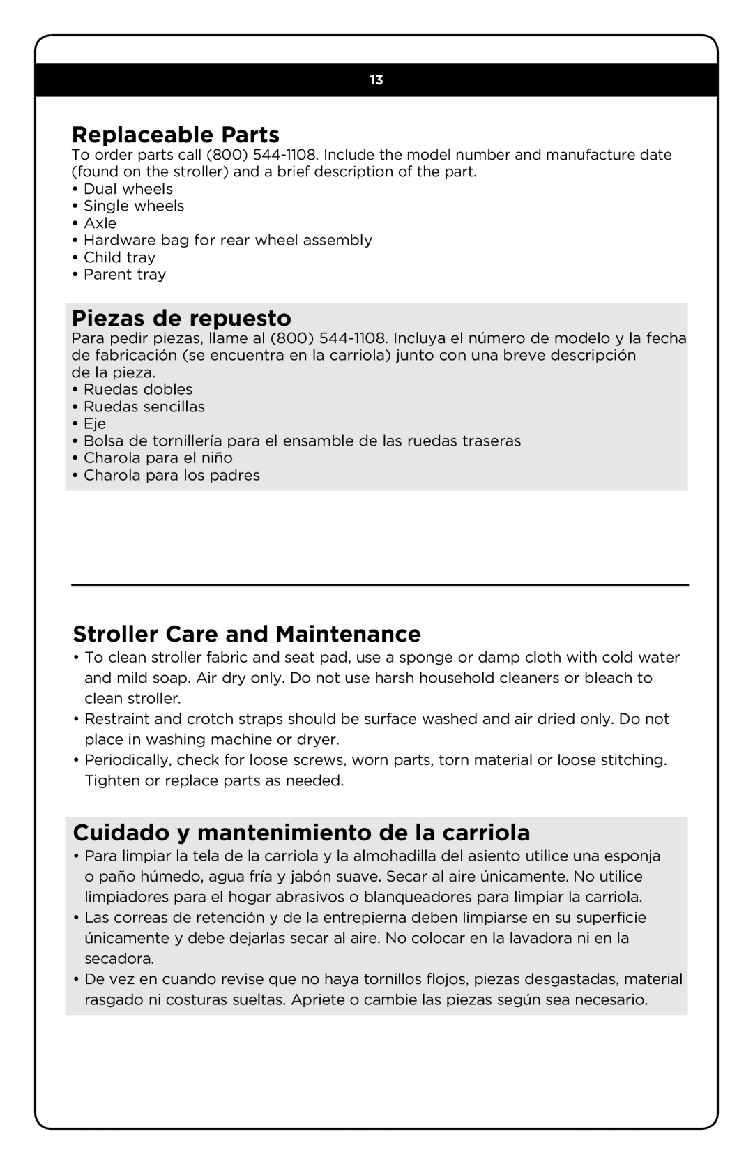 Safety 1st TR266BBJX manual Replaceable Parts, Piezas de repuesto, Stroller Care and Maintenance 