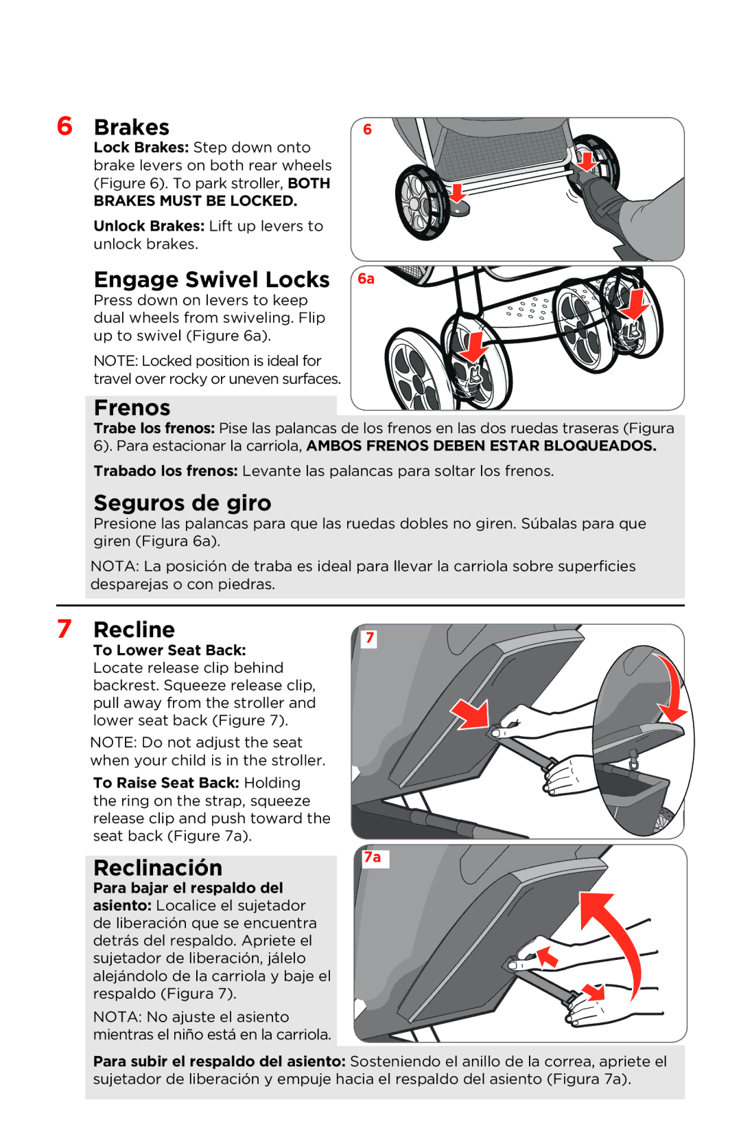 Safety 1st TR266BBJX manual Brakes, Engage Swivel Locks, Frenos, Seguros de giro, Recline, Reclinación7a 