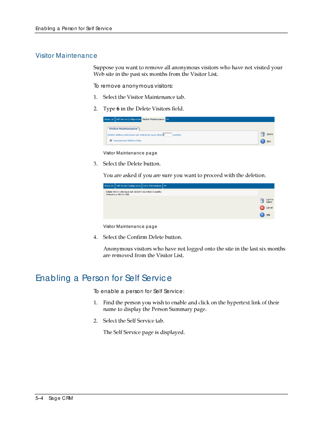 Sage Software 5.8 manual Enabling a Person for Self Service, Visitor Maintenance, To remove anonymous visitors 