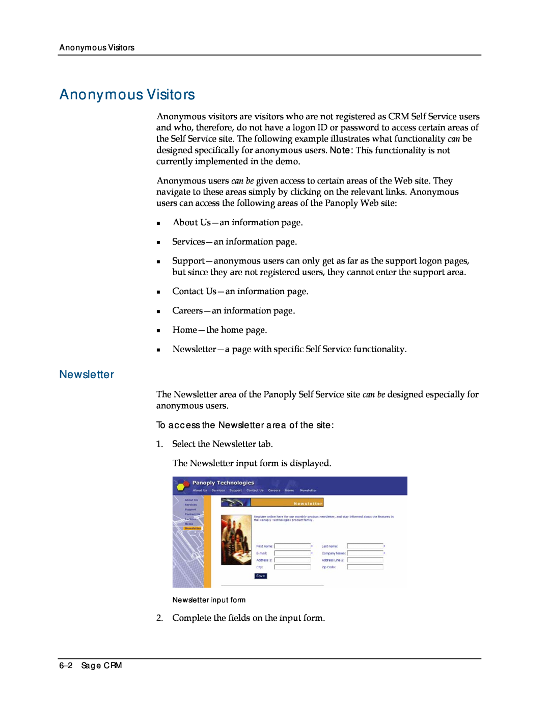 Sage Software 5.8 manual Anonymous Visitors, Newsletter 