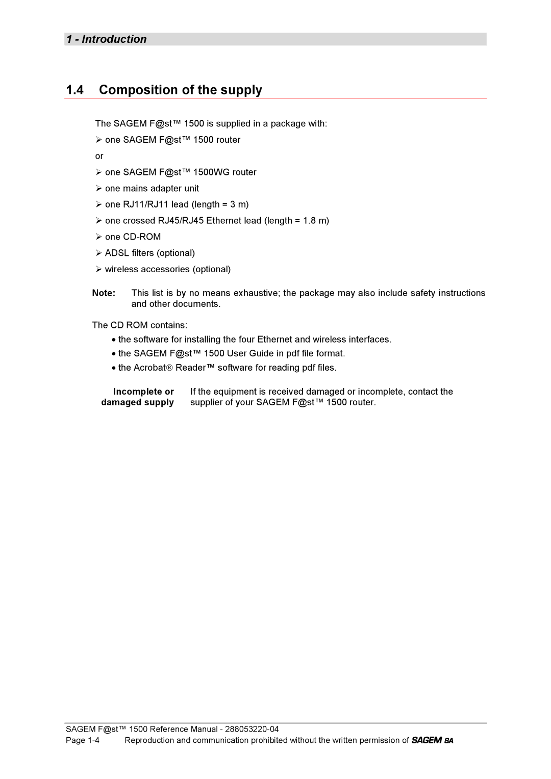 Sagem 1500WG manual Composition of the supply 