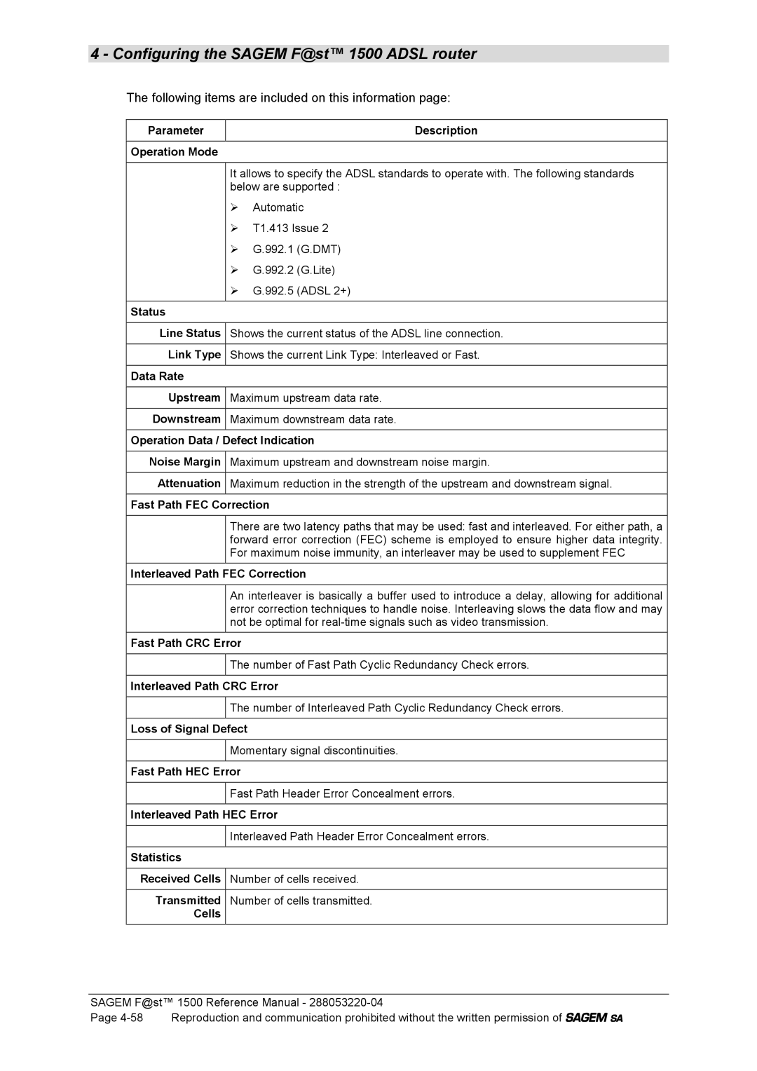 Sagem 1500WG manual Parameter Operation Mode Description, Status Line Status, Link Type, Data Rate Upstream, Downstream 