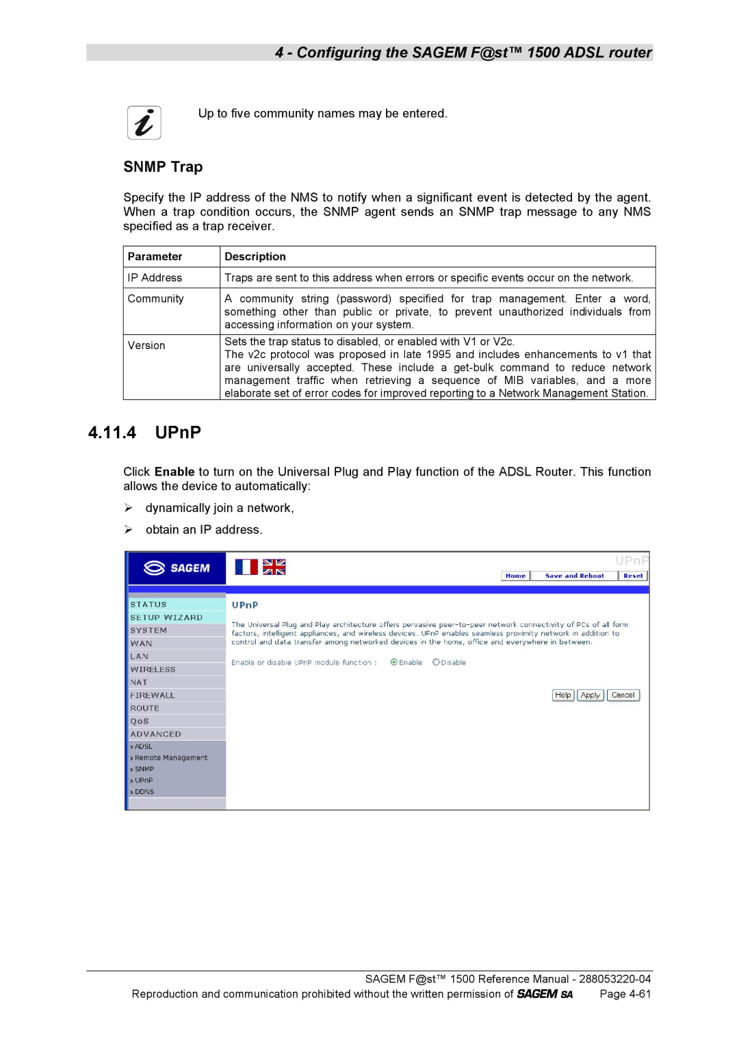 Sagem 1500WG manual UPnP, Snmp Trap 