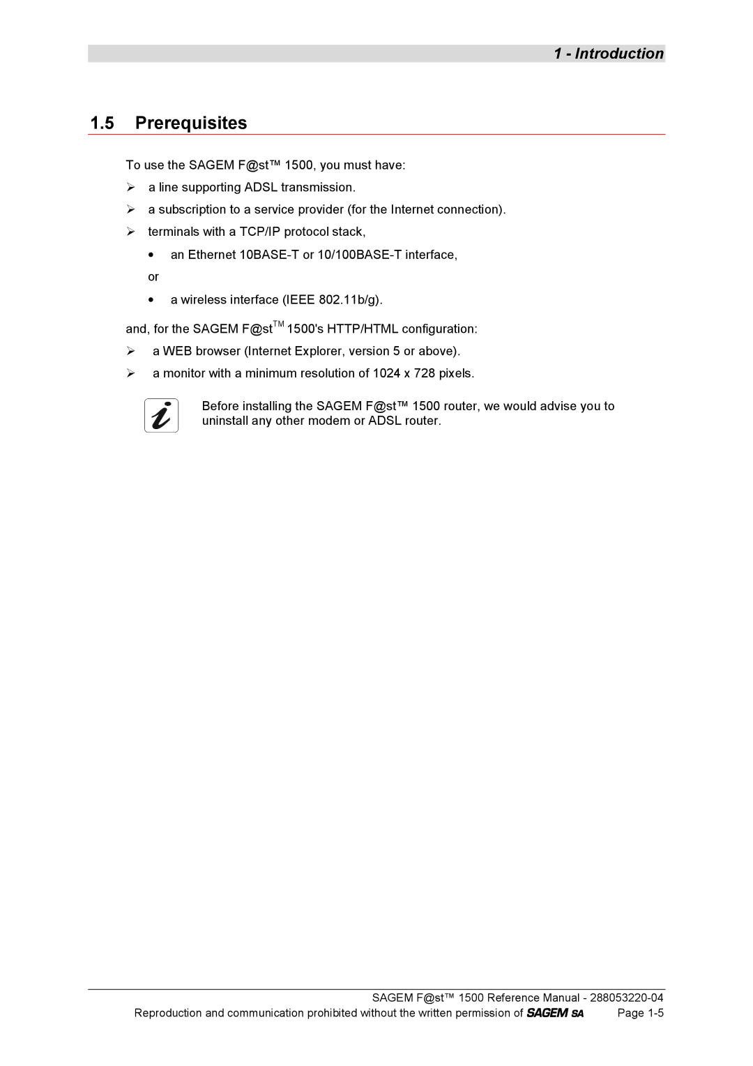 Sagem 1500WG manual Prerequisites 