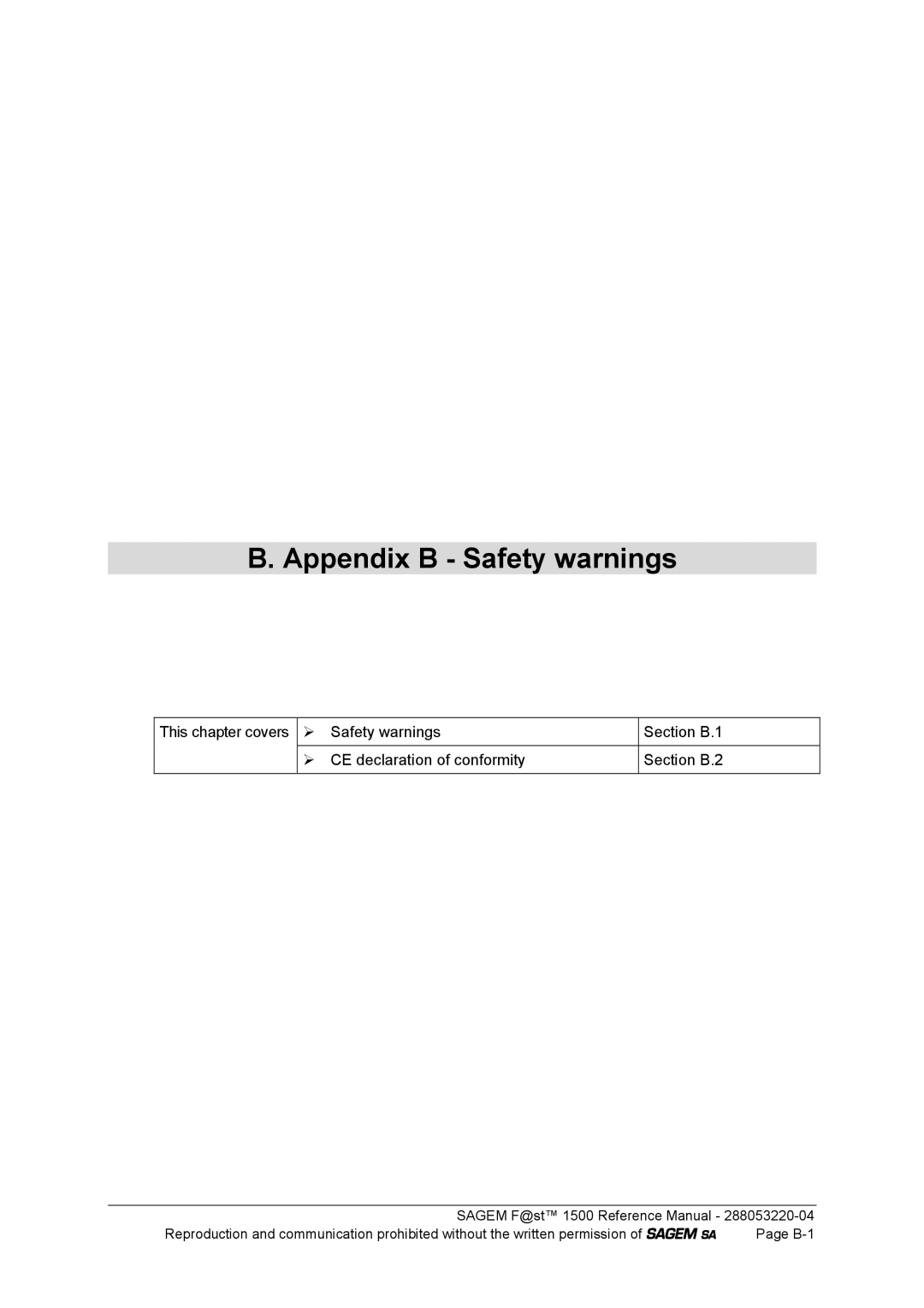 Sagem 1500WG manual Appendix B Safety warnings 