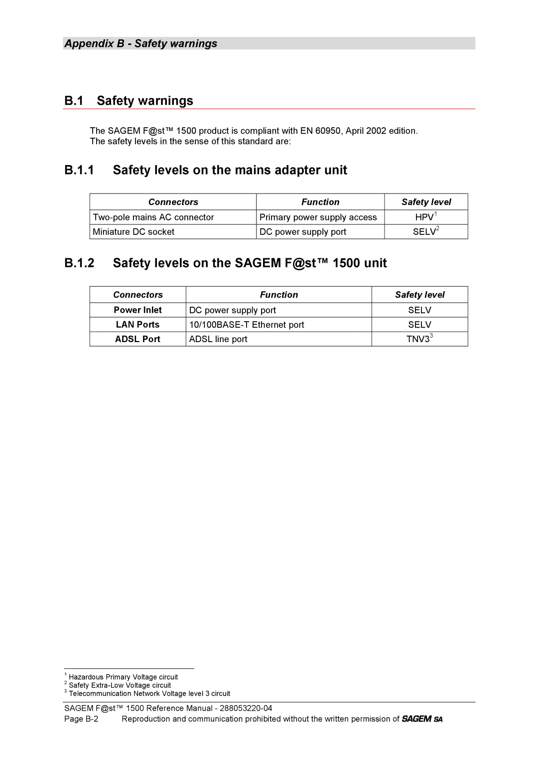 Sagem 1500WG manual Safety warnings, Safety levels on the mains adapter unit, Safety levels on the Sagem F@st 1500 unit 